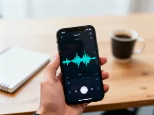 Osoba trzymająca smartfon z jasnym interfejsem w minimalistycznym domowym biurze, ilustrująca obsługę aplikacji mObywatel.