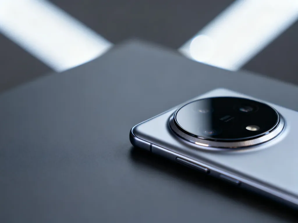 Xiaomi 14 Ultra leżący na ciemnym tle, eksponujący nowoczesny, okrągły moduł aparatu fotograficznego.