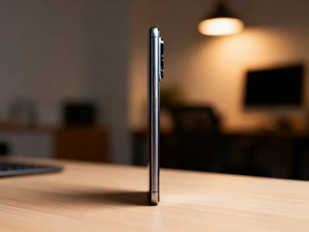 Smartfon Motorola g84 ustawiony pionowo na minimalistycznym drewnianym biurku w domowym biurze.