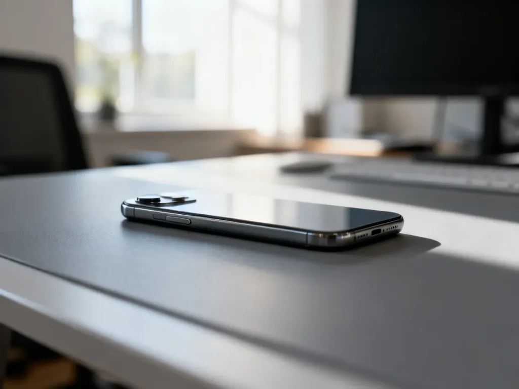 Samsung Galaxy S21 FE leżący na biurku, ukazujący smukły profil oraz moduł aparatu w nowoczesnym biurowym otoczeniu.