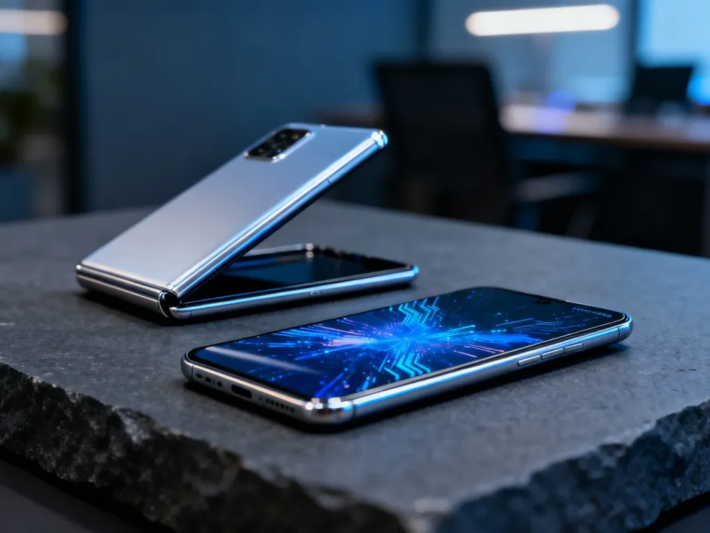 Złożony i rozłożony smartfon Samsung Z Fold 5 na minimalistycznym, kamiennym tle. Profesjonalna prezentacja urządzenia.