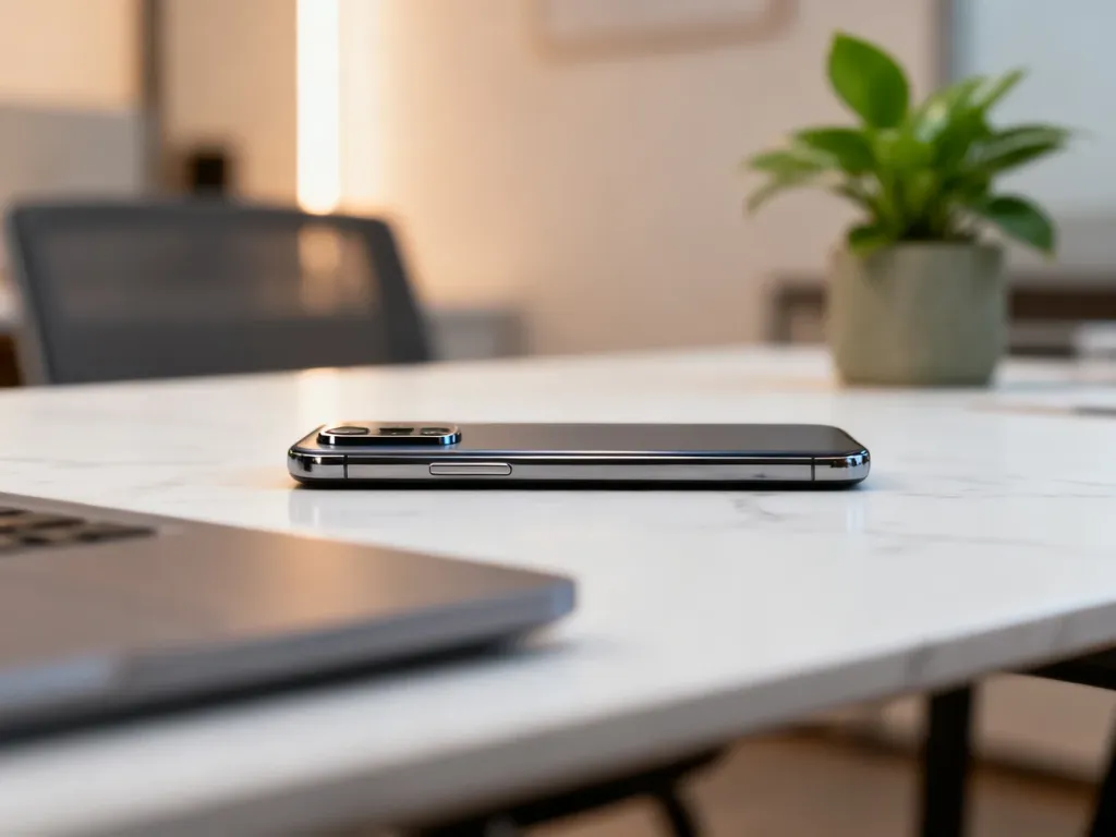 Smartfon Google Pixel 9 Pro leżący na marmurowym blacie, prezentujący charakterystyczny panel z aparatami.