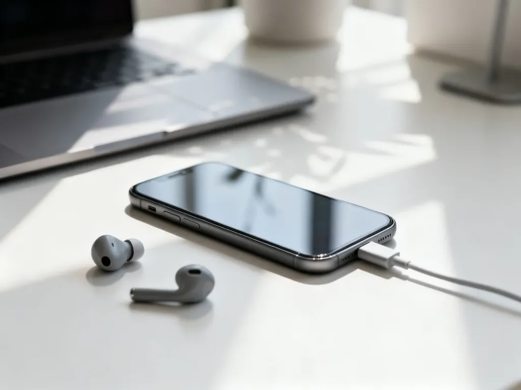 iPhone 13 na białym biurku z bezprzewodowymi słuchawkami i kablem, w minimalistycznym, jasno oświetlonym biurze