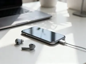 Dwa nowoczesne smartfony Samsung leżące obok siebie na drewnianym biurku, prezentujące design modeli A55 i A56.