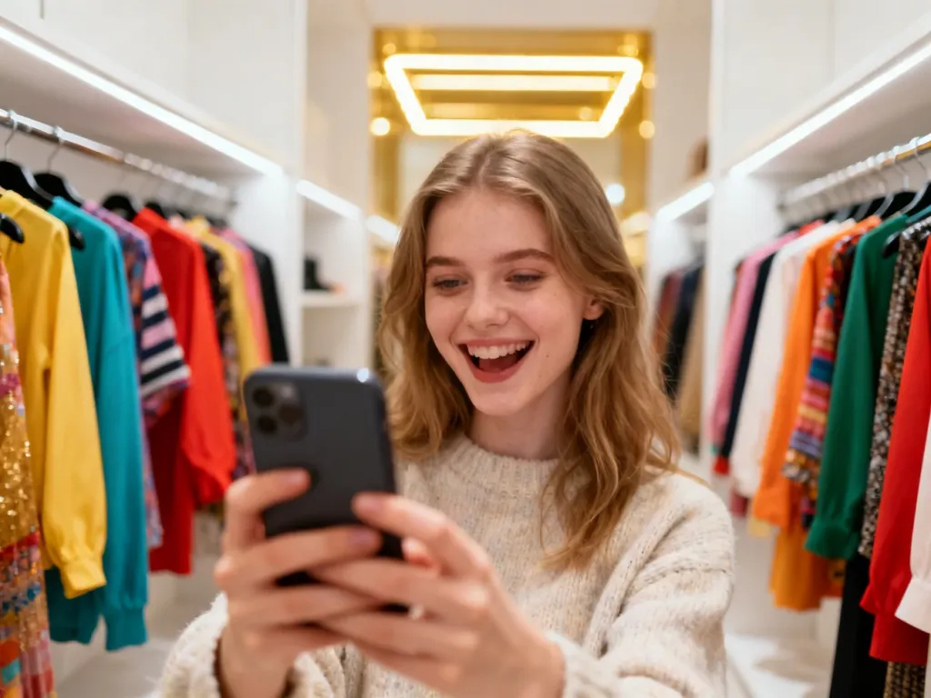 Stylowa kobieta w garderobie przegląda telefon, sprawdzając kody do gry Dress to Impress.