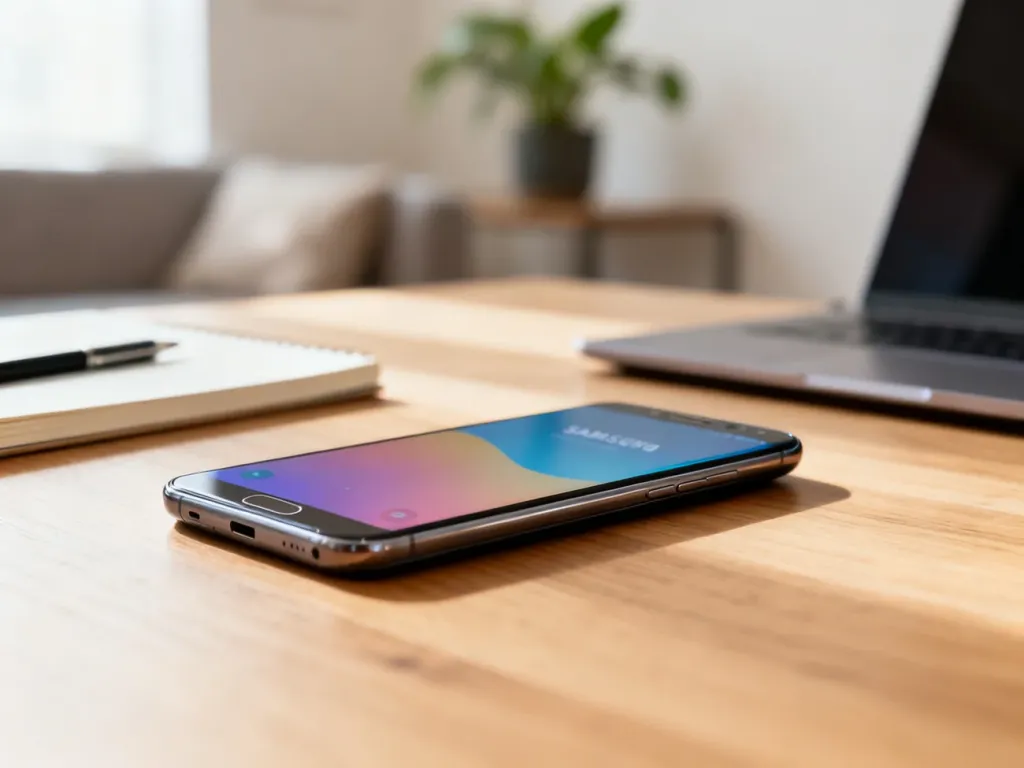 Smartfon Samsung na biurku obok notesu i długopisu, w tle rozmyte domowe biuro – nowoczesny, minimalistyczny styl.