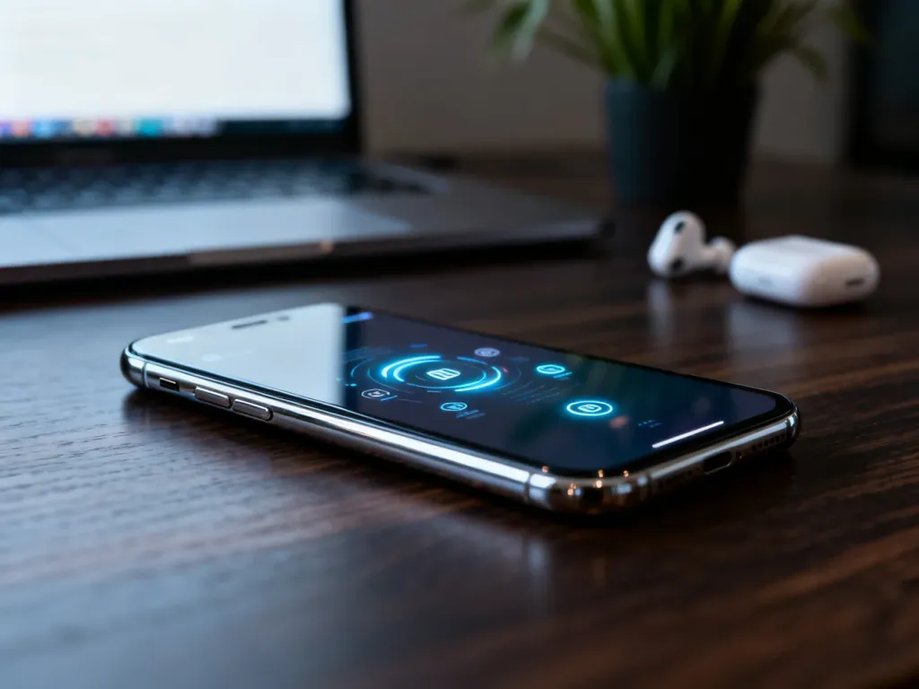 Nowoczesny iPhone 17 Pro na biurku w eleganckim, minimalistycznym setupie z laptopem i słuchawkami w tle