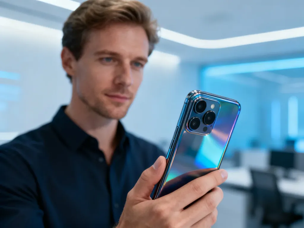 Mężczyzna trzyma w dłoni nowoczesny smartfon Xiaomi 12 Pro z wyraźnie zaznaczonym modułem aparatu w biurowym otoczeniu.