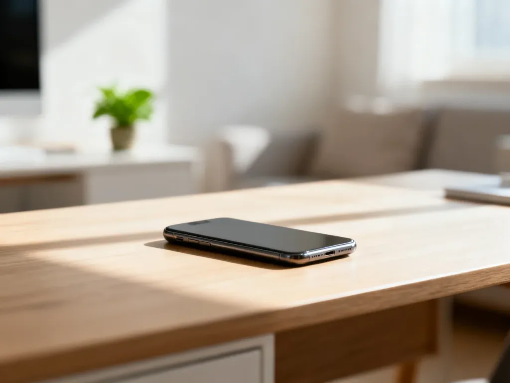 Smartfon Samsung Galaxy A25 leżący na minimalistycznym drewnianym biurku w jasnym, domowym biurze.