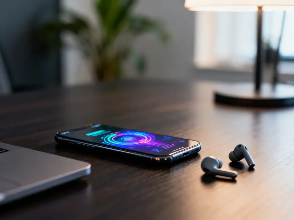 Nowoczesny smartfon na biurku obok laptopa i słuchawek bezprzewodowych, podkreślający design i funkcje iPhone’a 17