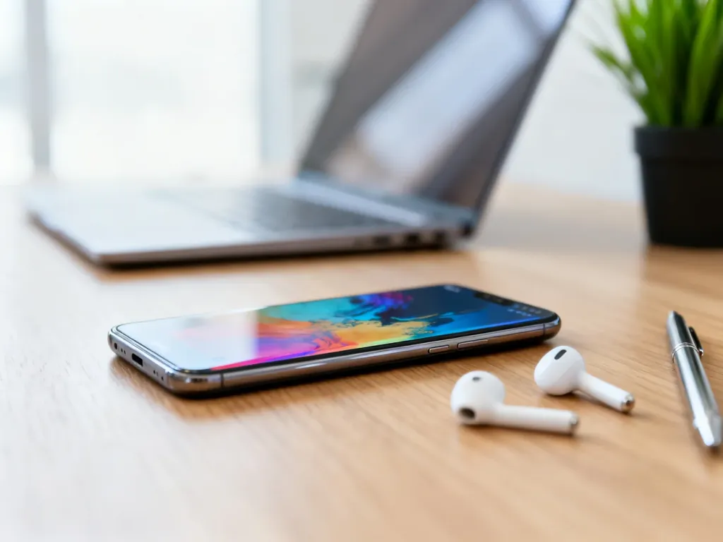 Smartfon Samsung z włączonym ekranem leżący na biurku obok słuchawek i długopisu w minimalistycznym biurze.