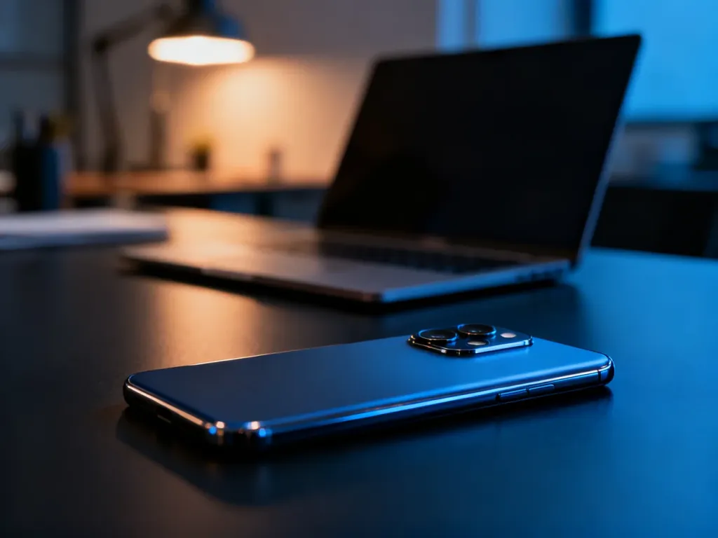Nowoczesny smartfon Xiaomi 14T Pro leżący na minimalistycznym biurku, z wyraźnym wyeksponowaniem modułu aparatu.