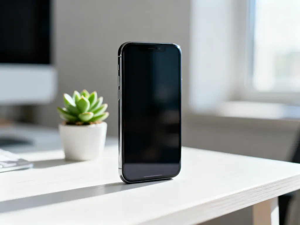 Samsung Galaxy A14 leżący na minimalistycznym białym biurku w jasnym, domowym biurze.