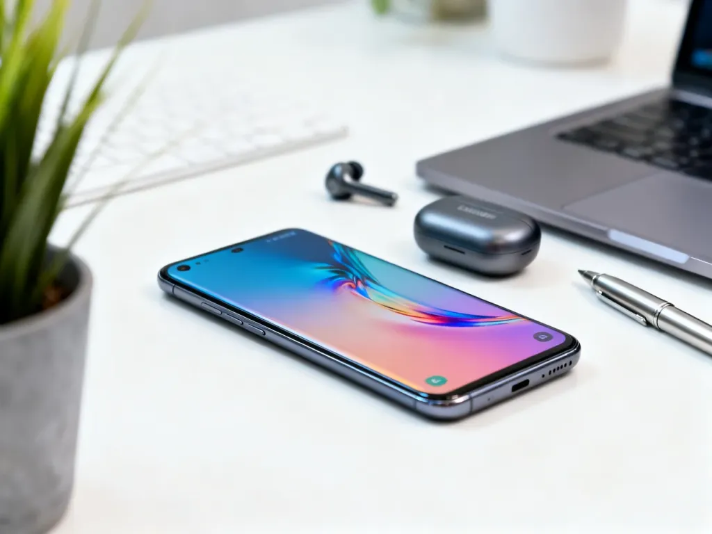Smartfon Samsung S24 na biurku obok etui słuchawek i długopisu, w minimalistycznym, nowoczesnym home office.