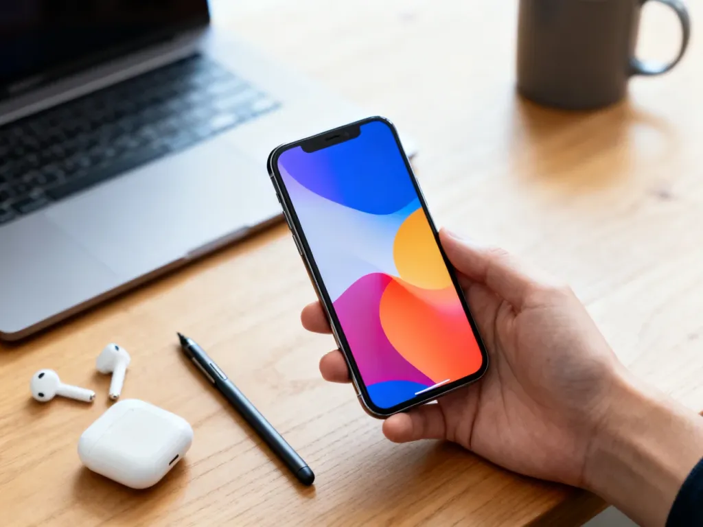 Smartfon Samsung S24 Ultra z rysikiem na biurku w minimalistycznym home office, ekran z kolorową abstrakcyjną tapetą