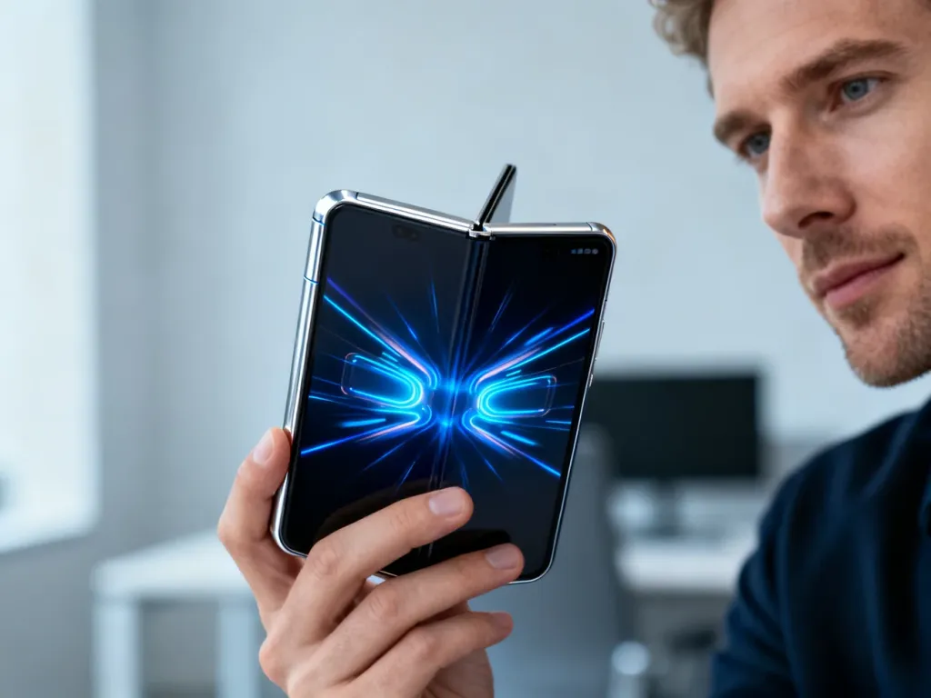 Mężczyzna trzymający częściowo rozłożony, nowoczesny smartfon Samsung z żywym wyświetlaczem w minimalistycznym biurze.