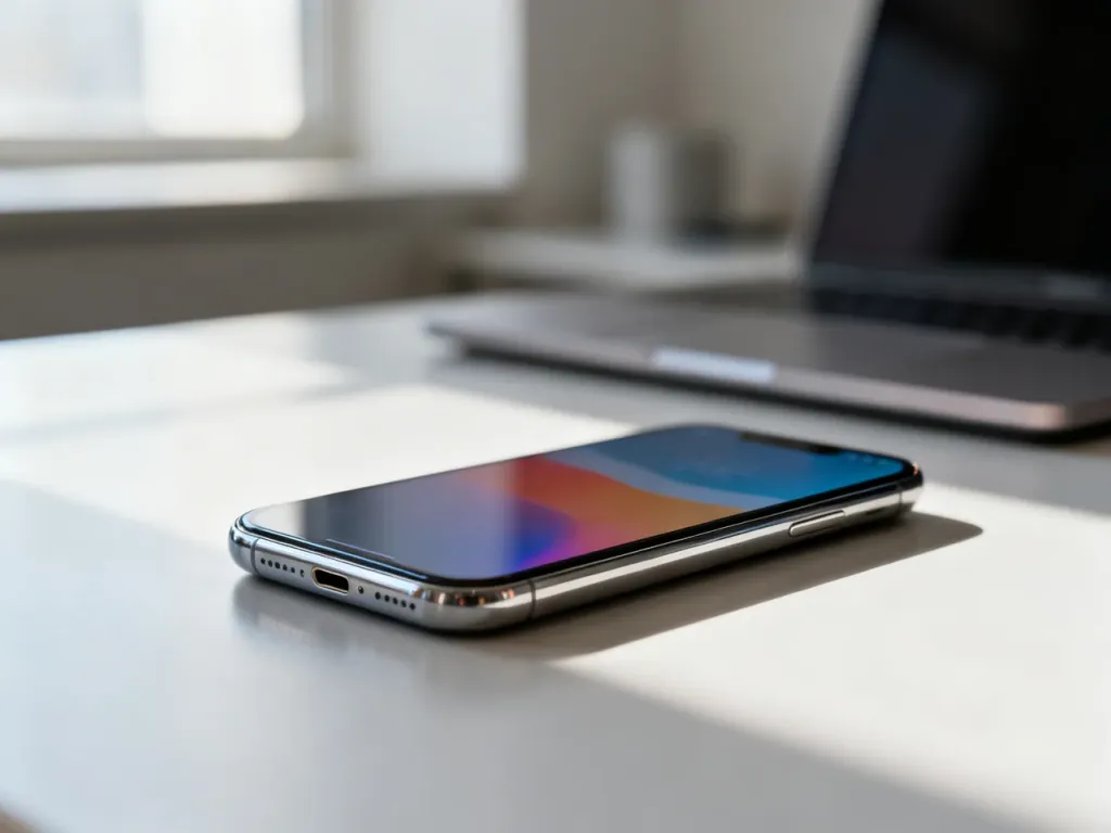 Nowoczesny smartfon z ekranem edge-to-edge na biurku, podkreślający smukłą ramkę i aparat w minimalistycznym workspace.