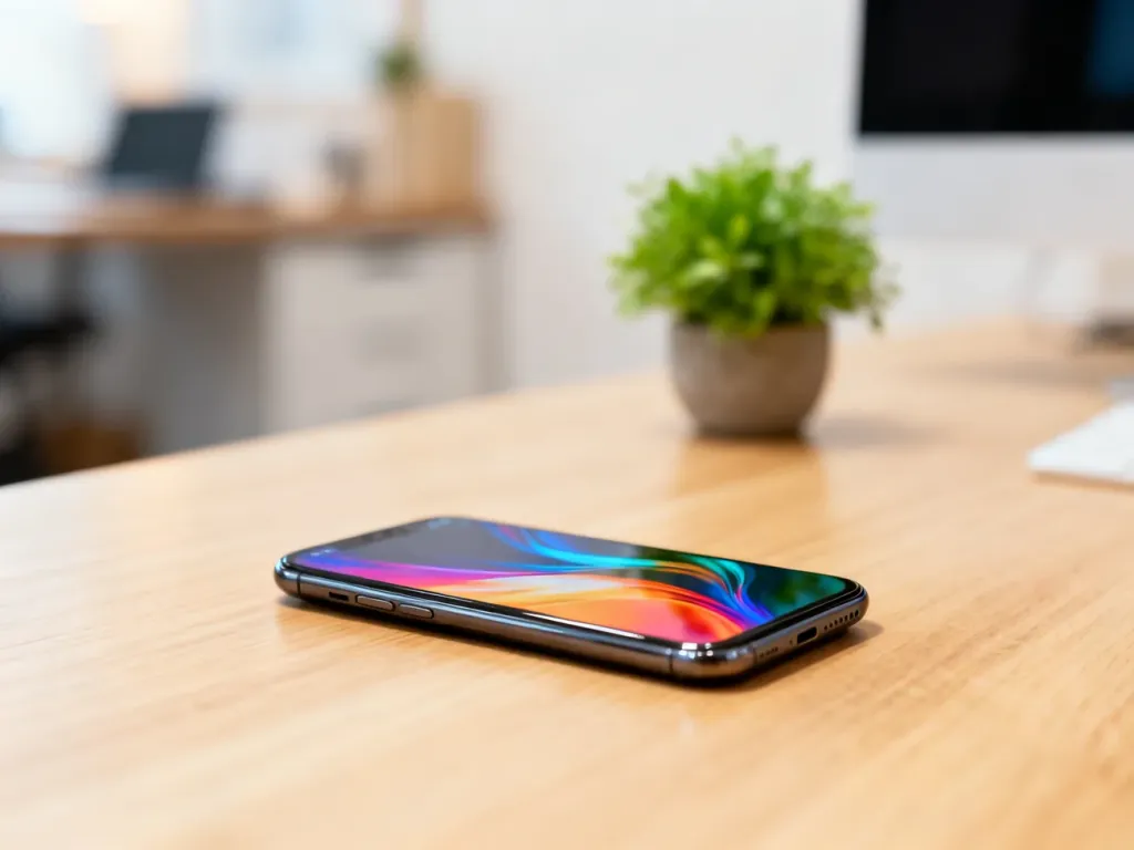 Smartfon Redmi Note 12 Pro leżący na minimalistycznym drewnianym biurku w jasnym, domowym biurze.