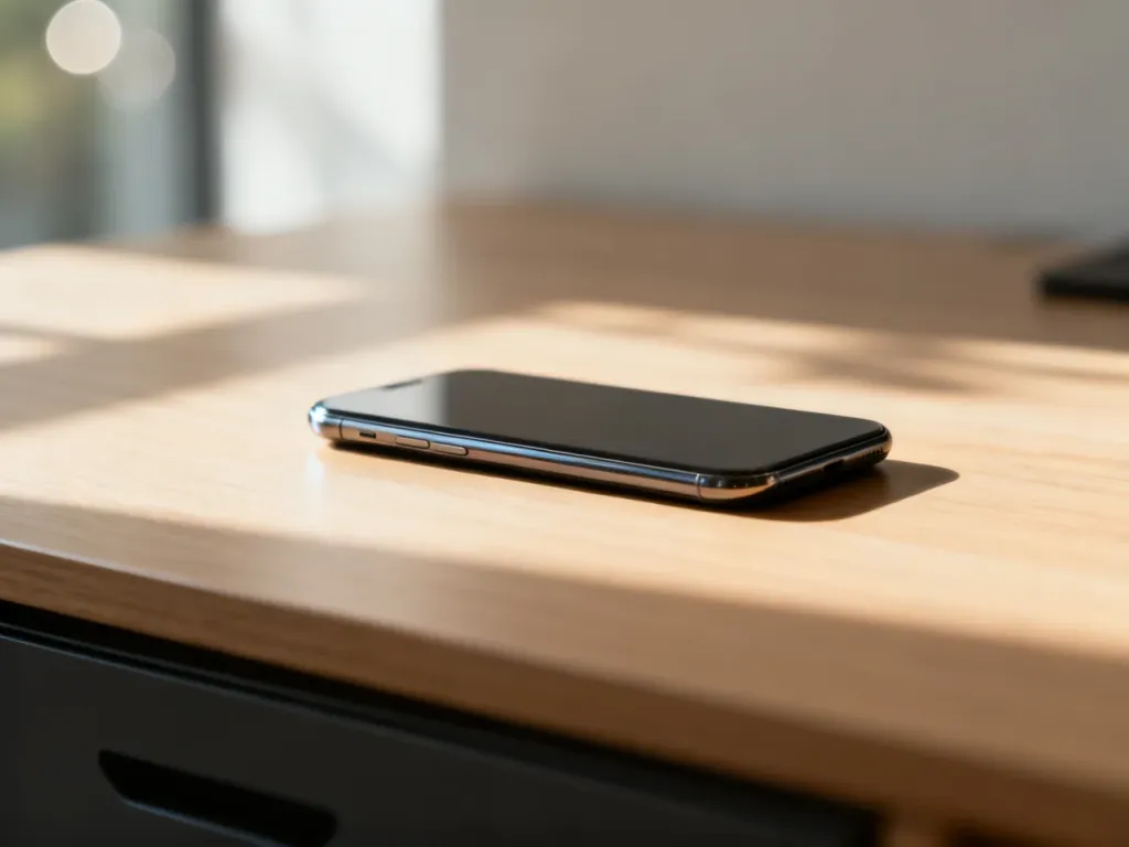 Smartfon Motorola edge 40 z zakrzywionym ekranem leżący na minimalistycznym drewnianym biurku w świetle poranka.