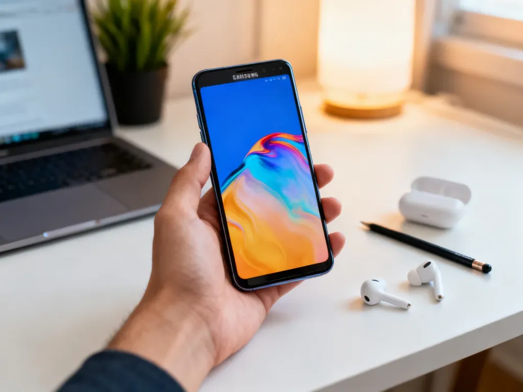 Samsung S23 Ultra w dłoni na biurku, obok rysik i słuchawki, w tle domowe biuro z laptopem i rośliną