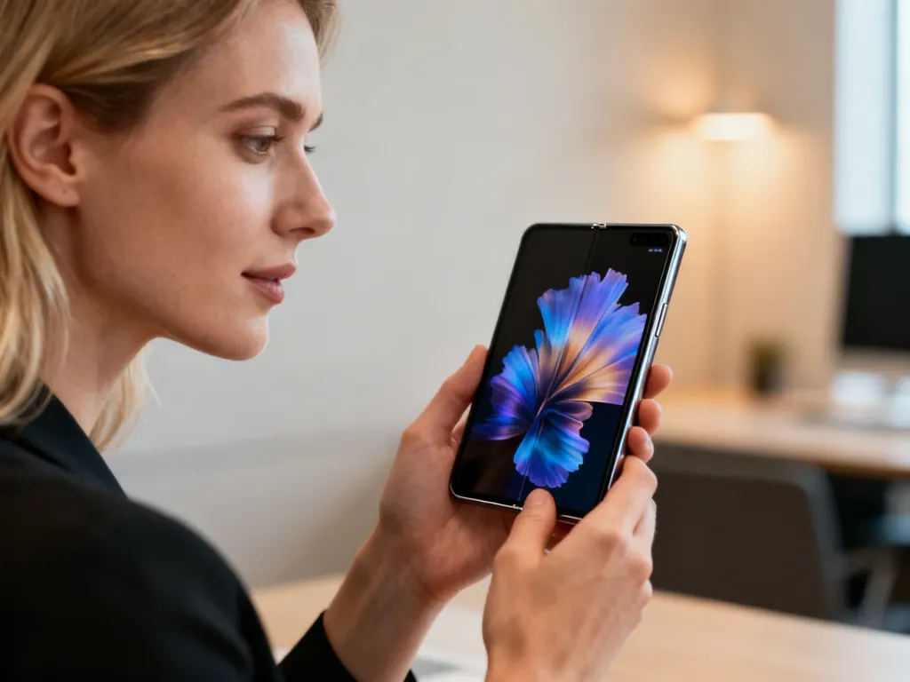 Kobieta trzyma w dłoniach nowoczesny, rozkładany smartfon Samsung z wyraźnym ekranem w minimalistycznym biurze.