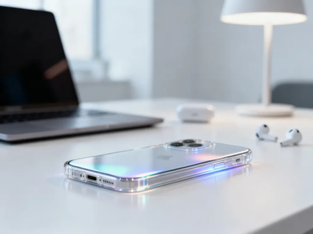 Nowoczesny Nothing Phone 1 z przezroczystymi pleckami na biurku, podkreślający design i charakterystyczne podświetlenie urządzenia