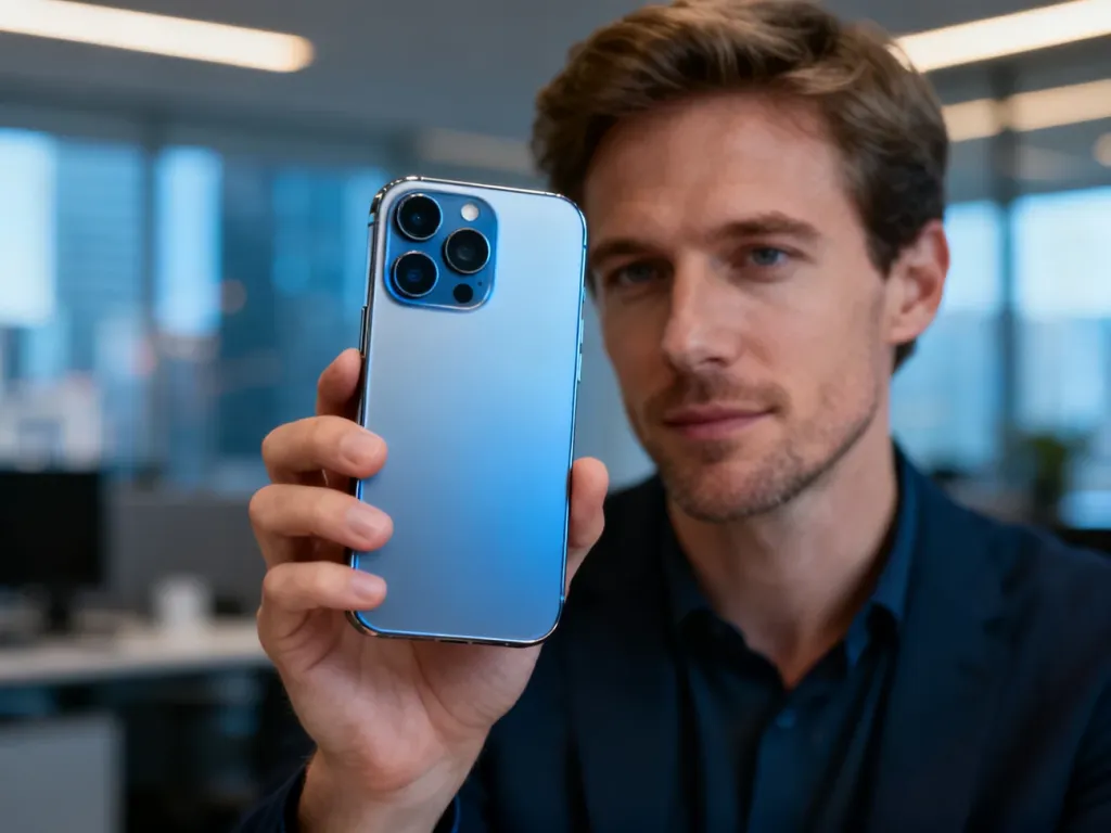 Mężczyzna trzymający nowoczesny smartfon Xiaomi 14T z widocznym potrójnym aparatem na tle biurowego wnętrza.