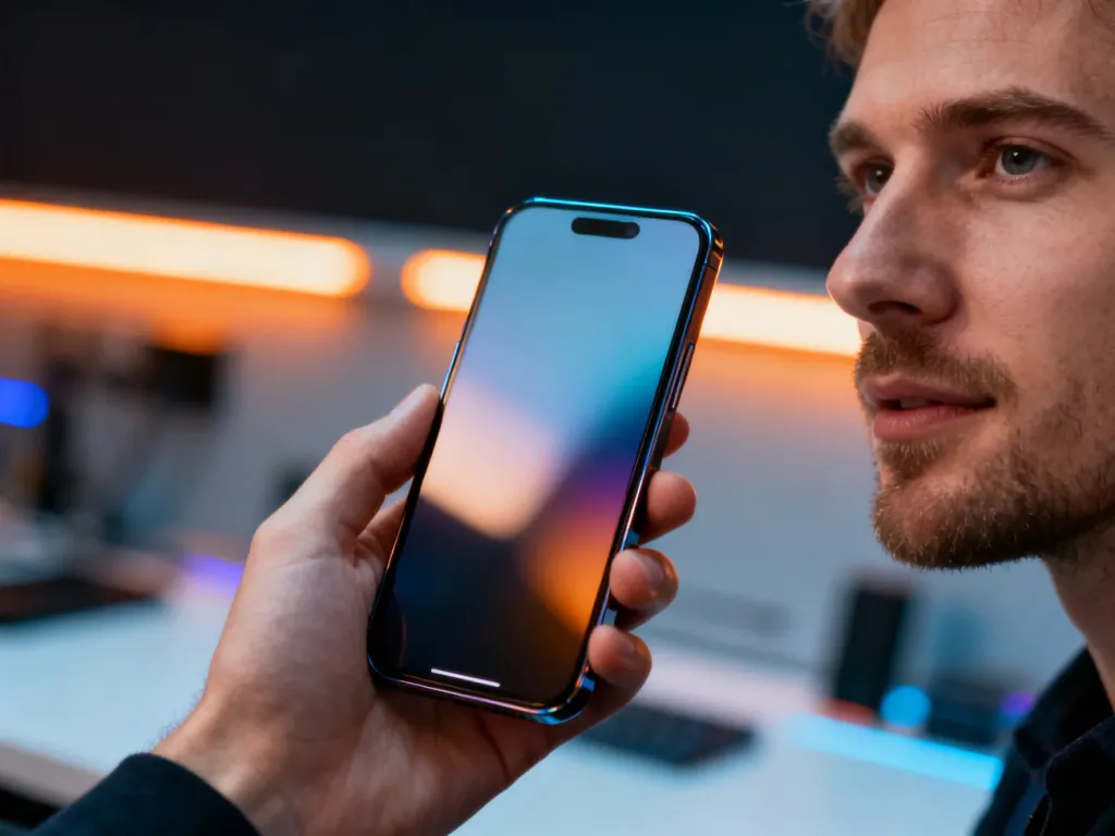 Mężczyzna trzymający w dłoni nowoczesny smartfon Redmi Note 13 na tle minimalistycznego biura.