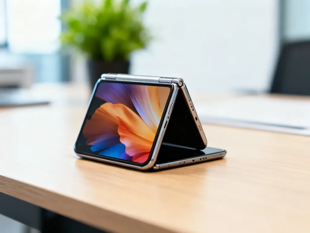 Samsung Galaxy Z Flip 5 w stanie częściowego złożenia na minimalistycznym drewnianym biurku w nowoczesnym biurze.