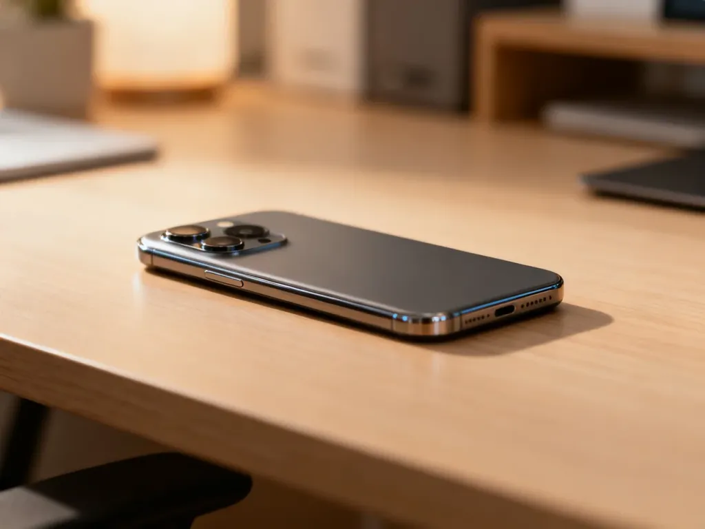 Google Pixel 8 Pro leżący na drewnianym biurku, ukazujący nowoczesny design i charakterystyczny panel aparatów.