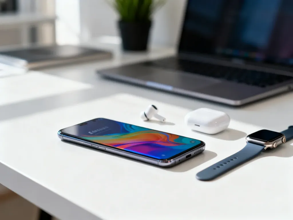 Smartfon Samsung na biurku obok słuchawek i smartwatcha, nowoczesny zestaw urządzeń w minimalistycznym home office