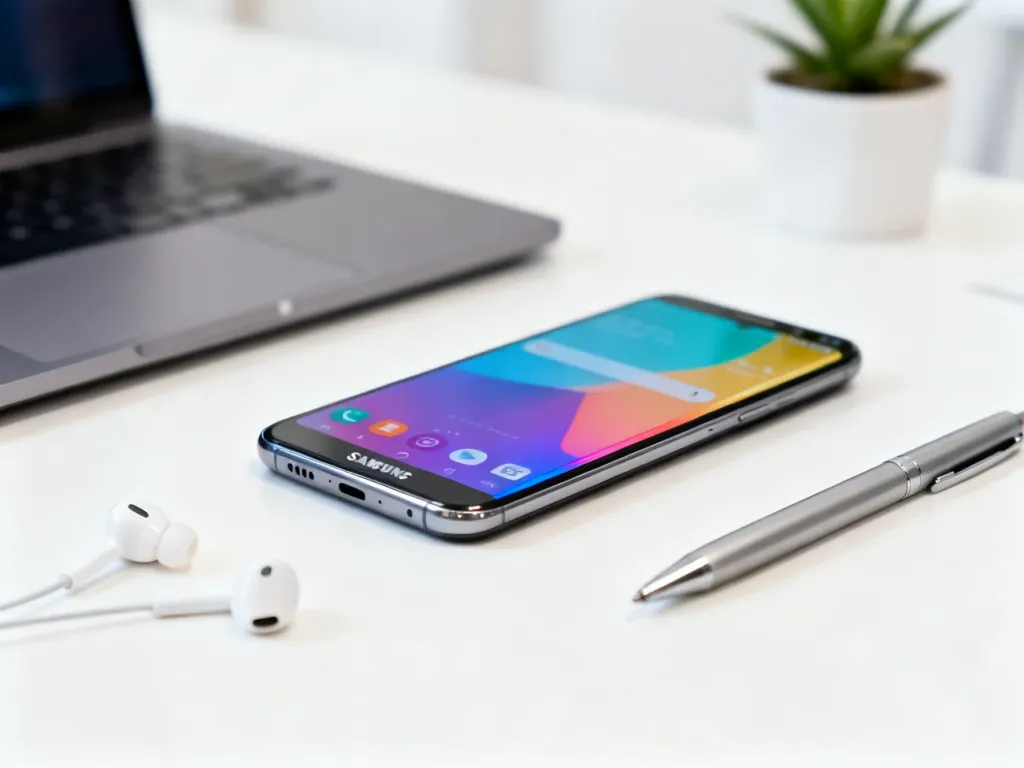 Samsung Galaxy A54 leżący na biurku obok słuchawek i pióra w nowoczesnym, minimalistycznym miejscu pracy.