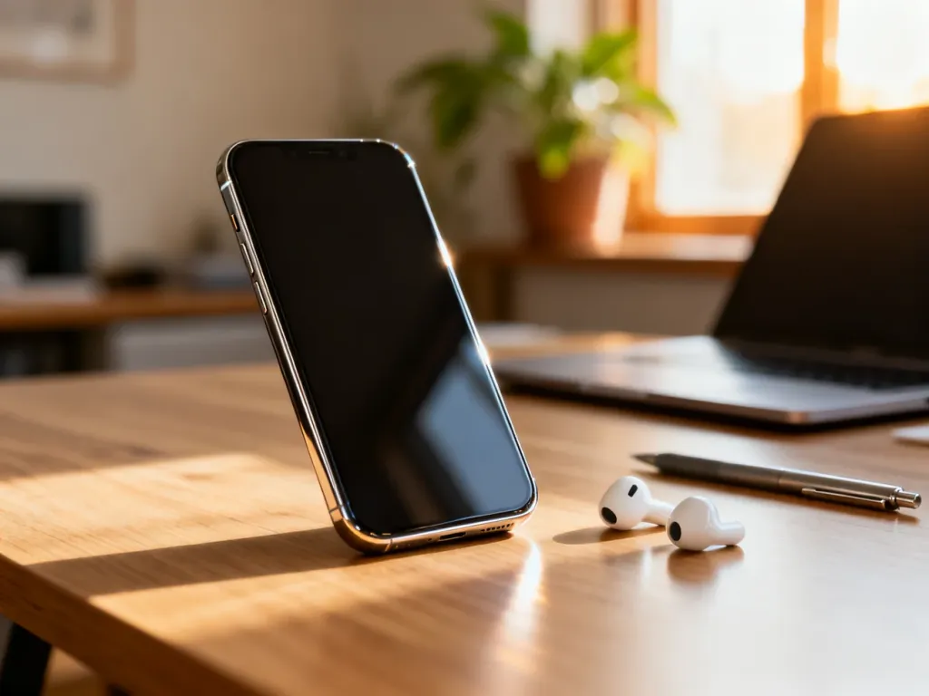 Nowoczesny smartfon z akcesoriami na biurku w domowym biurze, prezentujący elegancki design urządzenia.
