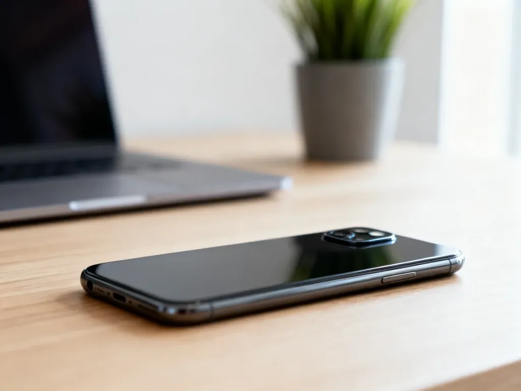 Nowoczesny smartfon Samsung S25 Ultra na biurku w jasnym, minimalistycznym home office, wyeksponowany moduł aparatu.
