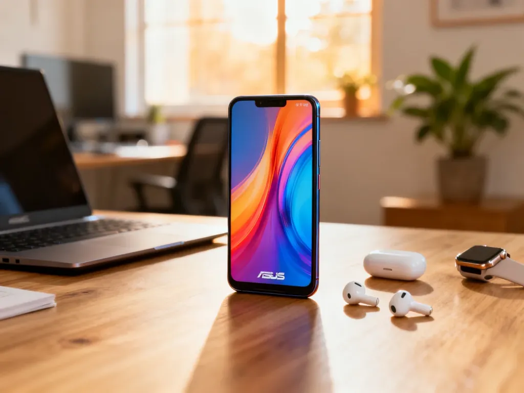 Asus Zenfone 11 Ultra na biurku obok słuchawek i smartwatcha, w przytulnym, nowoczesnym domowym biurze