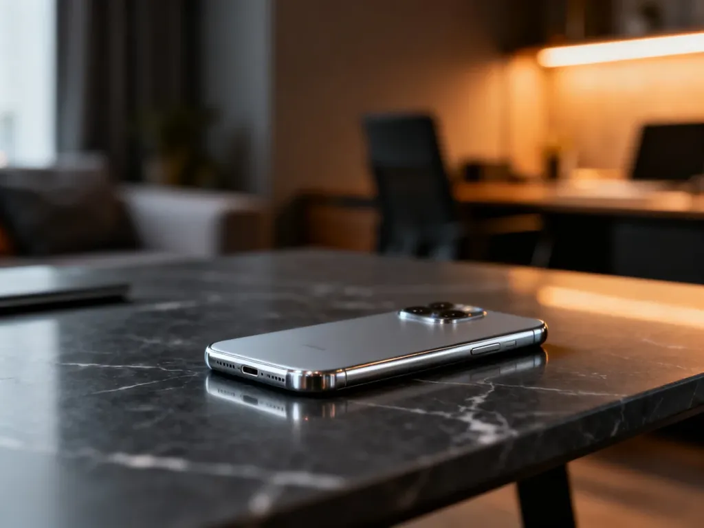 Elegancki smartfon Xiaomi 12 leżący na marmurowym biurku w nowoczesnym, przytulnym domowym biurze.