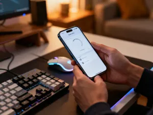 Nowoczesny Nothing Phone 1 z przezroczystymi pleckami na biurku, podkreślający design i charakterystyczne podświetlenie urządzenia