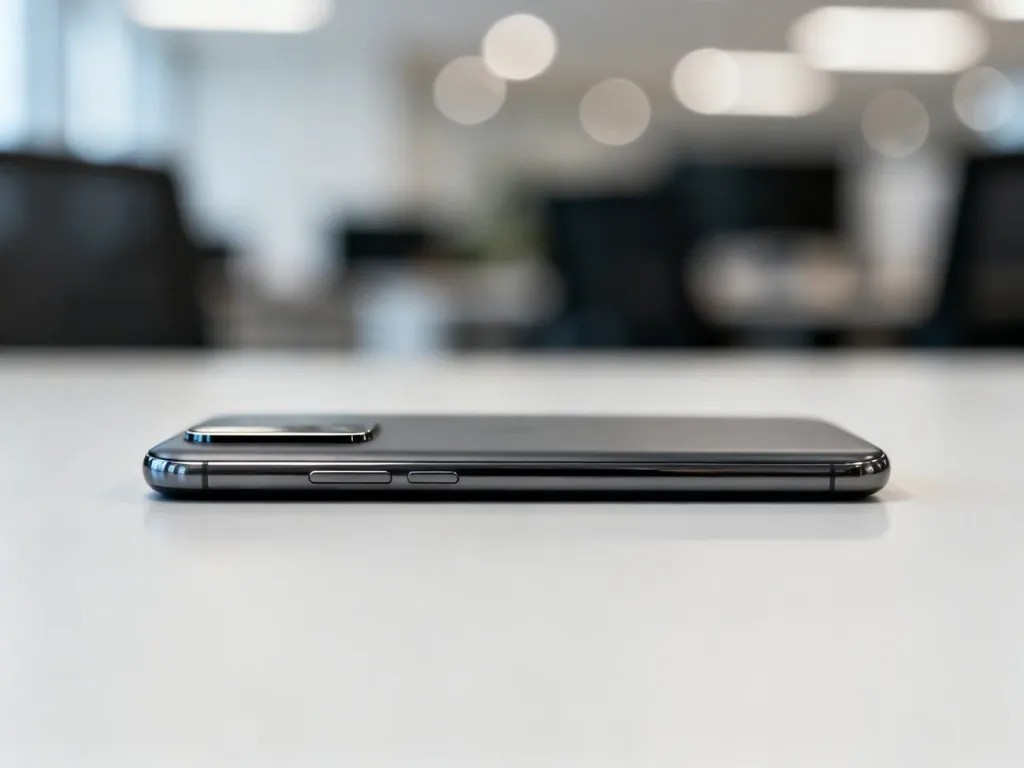Smartfon Google Pixel 9 z charakterystycznym panelem aparatu na matowym tle w nowoczesnym biurowym wnętrzu.