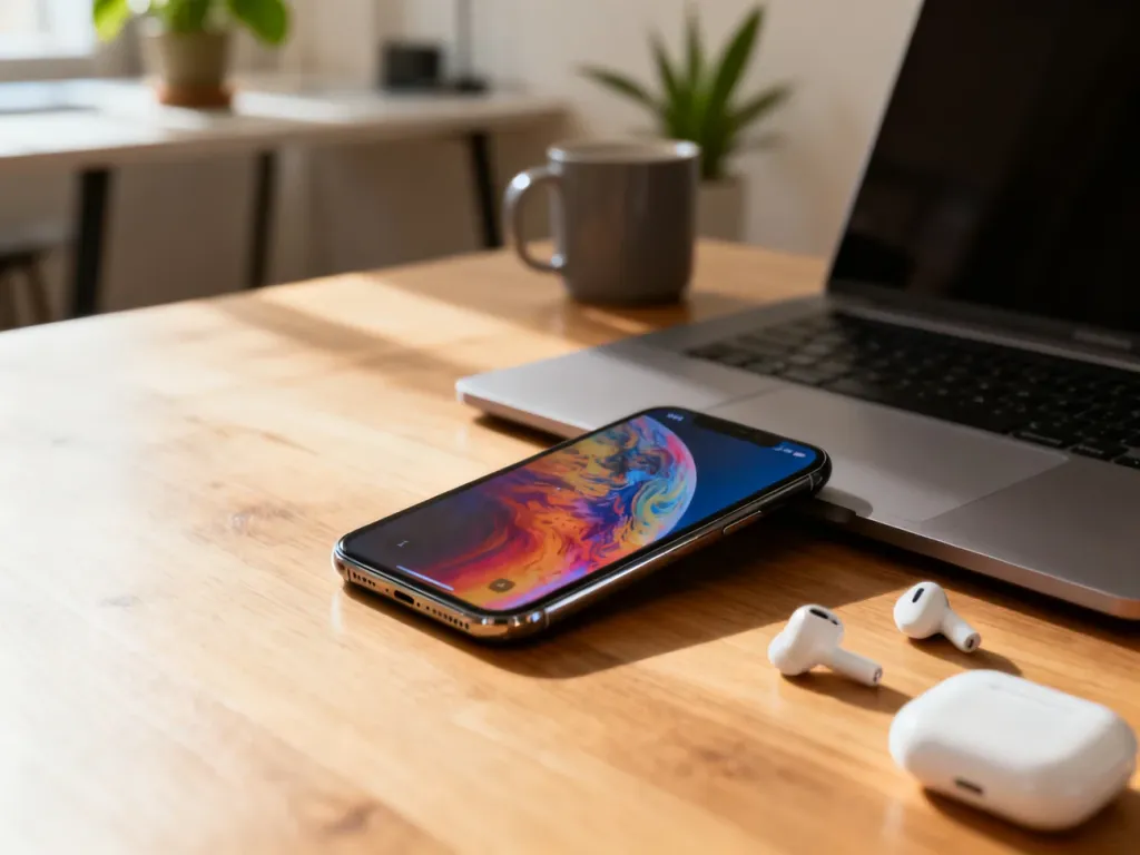 iPhone 16 Pro na biurku obok laptopa i słuchawek, z kolorową tapetą na ekranie, w minimalistycznym, domowym workspace.