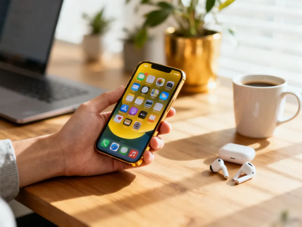 Smartfon iPhone 14 w dłoni na biurku, kolorowy ekran z aplikacjami, obok słuchawki, kubek kawy i rozmyty laptop w tle