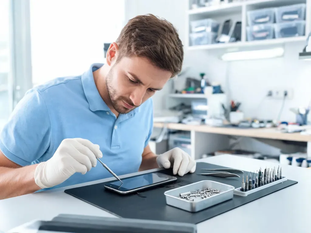 Technik w rękawiczkach dokładnie diagnozuje smartfon w nowoczesnym, uporządkowanym serwisie telefonów