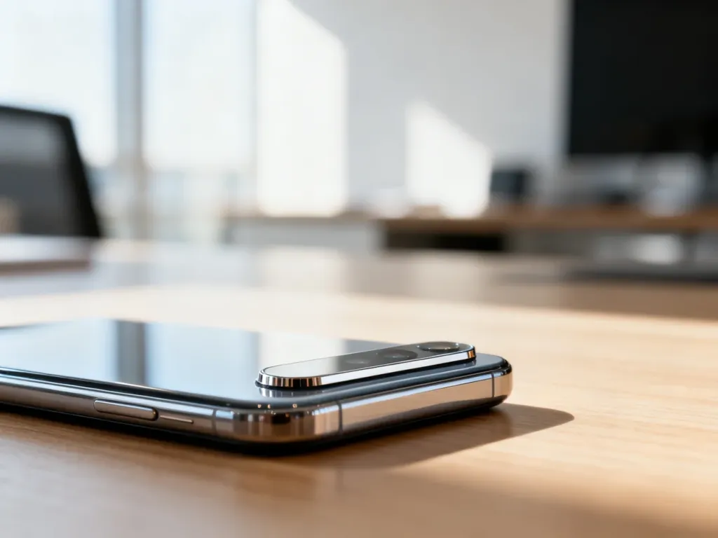 Zbliżenie na elegancki pasek aparatu smartfona Google Pixel 7 Pro na minimalistycznym drewnianym biurku.