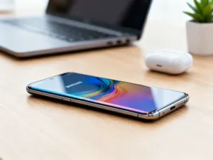 Nowoczesny smartfon Redmi Note 12 leżący na drewnianym biurku w jasnym, domowym biurze.