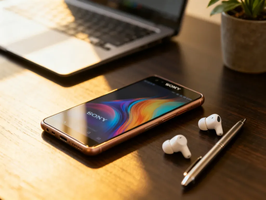 Smartfon Sony Xperia 1 VI na biurku obok słuchawek bezprzewodowych i długopisu, w przytulnym domowym biurze