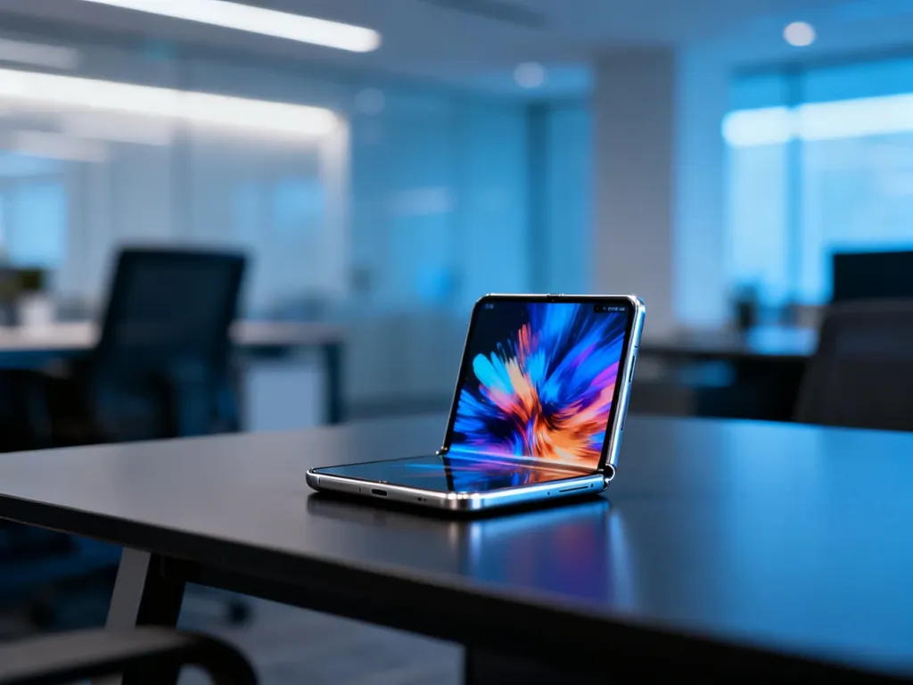 Otwarty smartfon Samsung Galaxy Z Fold 6 z kolorową tapetą na ekranie, ustawiony na minimalistycznym biurku.