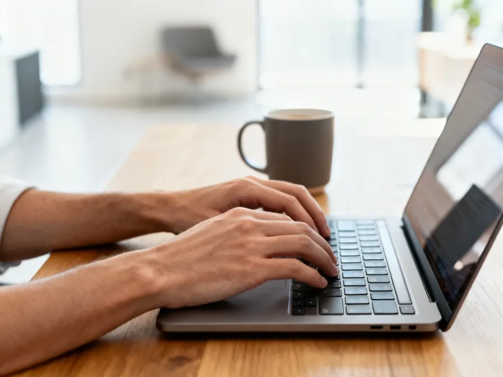 Osoba korzystająca z laptopa w nowoczesnym biurze domowym, co symbolizuje proces dokonywania zakupów online.