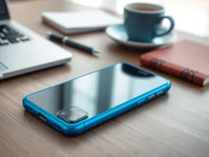 iPhone 13 na białym biurku z bezprzewodowymi słuchawkami i kablem, w minimalistycznym, jasno oświetlonym biurze