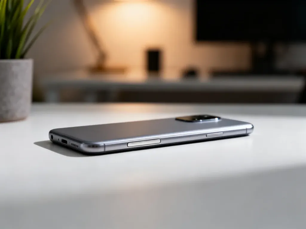 Nowoczesny smartfon Google Pixel 8 z charakterystycznym panelem aparatu na minimalistycznym biurku.