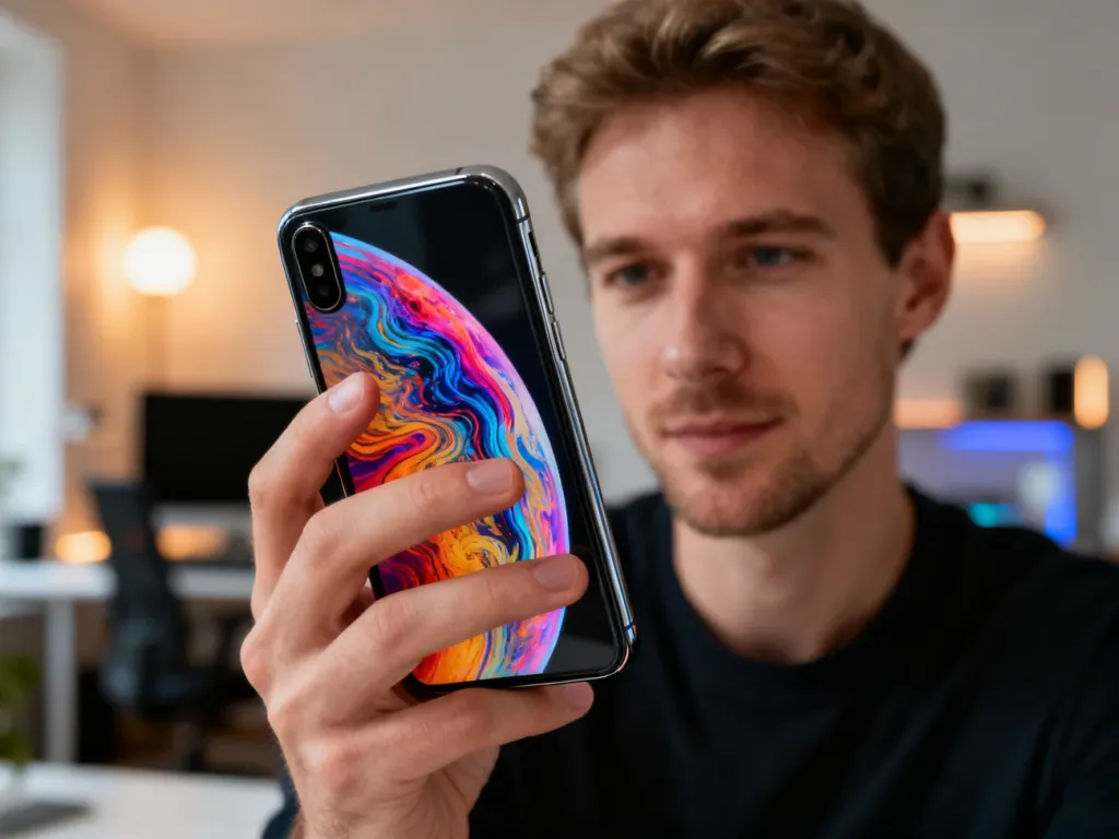 Mężczyzna trzyma w dłoniach nowoczesny smartfon Poco F5 z kolorową grafiką na ekranie, prezentując jego design.