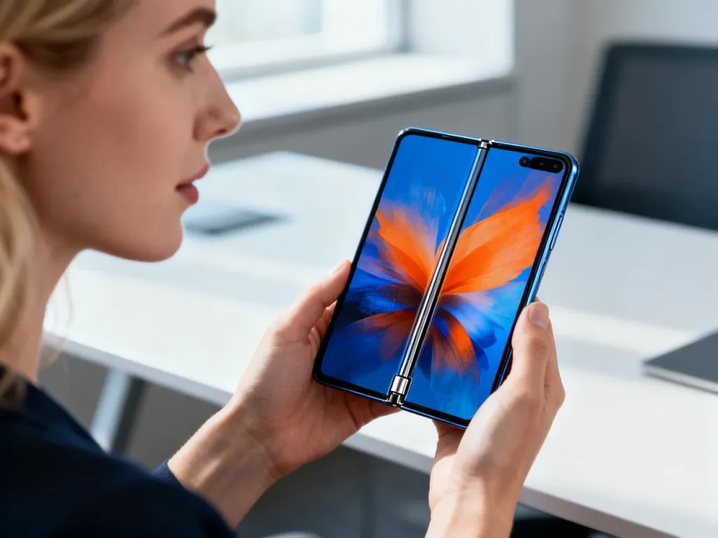 Kobieta trzymająca w dłoniach rozłożony smartfon Samsung Galaxy Z Flip 6 z wyraźnym widokiem na zawias i ekran.